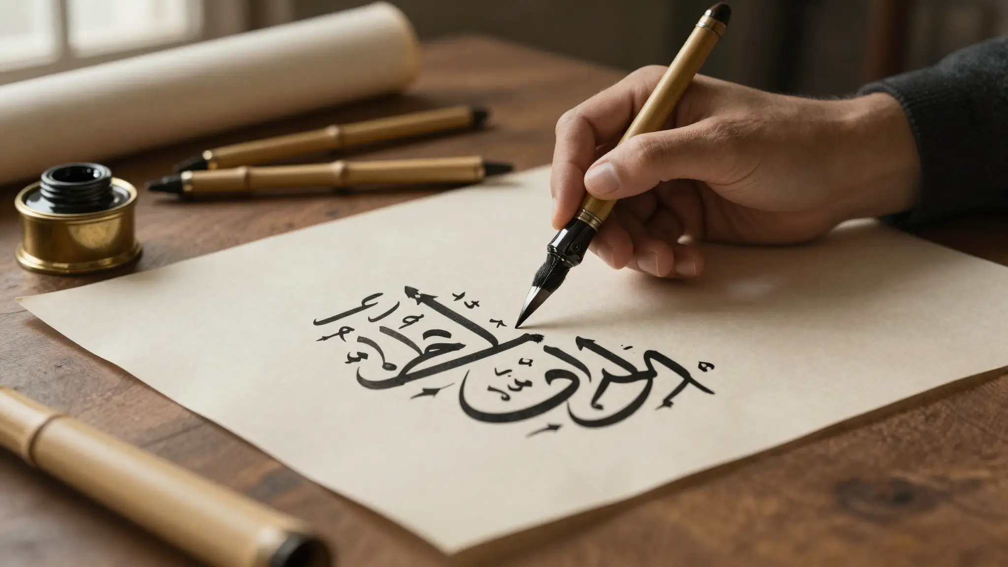 أدوات الخط العربي: قلم قصبة وحبر أسود وورق مصقول على مكتب خشبي
